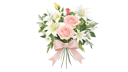 Realistic mixed bouquet of roses, lilies, and daisies, tied with silk ribbon, isolated transparent PNG