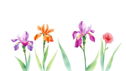 Obraz premium Elegant watercolor iris flowers in purple, orange, pink and lilac, isolated on transparent background. Ideal for spring designs, invitations, or botanical art projects.
