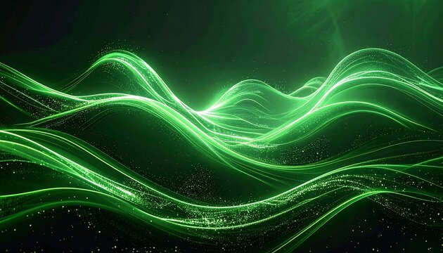 Abstract green undulating lines and particles form a dynamic, glowing landscape with a dark backdrop. The scene evokes energy and movement