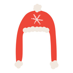 Warm fur trimmed hat with earflaps isolated on transparent. Hand drawn flat vector illustration. Traditional holiday, Xmas, New Year, seasonal design element, winter clothes clip art