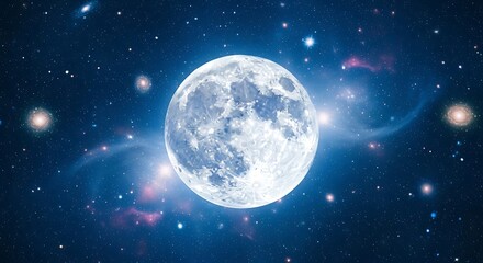 Obraz premium A luminous full celestial body dominates a starlit scene, surrounded by nebulas and distant bright specks of light. The cosmic background is dark