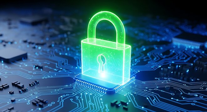 A luminous green padlock superimposed on a complex circuit board, suggesting data protection and digital security. The circuitry glows blue