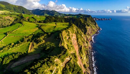 Aerial view of a verdant coastline with cliffs meeting the vast ocean, under a bright blue sky dotted with clouds. Fields stretch inland