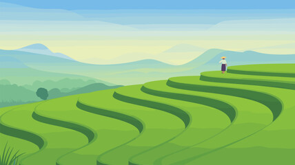 Obraz premium Green Rice Terraces with Person Standing