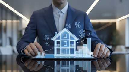 A man in a suit presenting a digital house model with financial graphs on a tablet display surface .