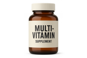 Multivitamin supplement brown bottle on transparent background