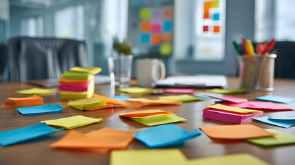 Desk covered in colorful sticky notes and office supplies for brainstorming