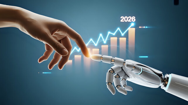 Human hand and robot hand touching with a graph showing growth and the year twenty twenty six .