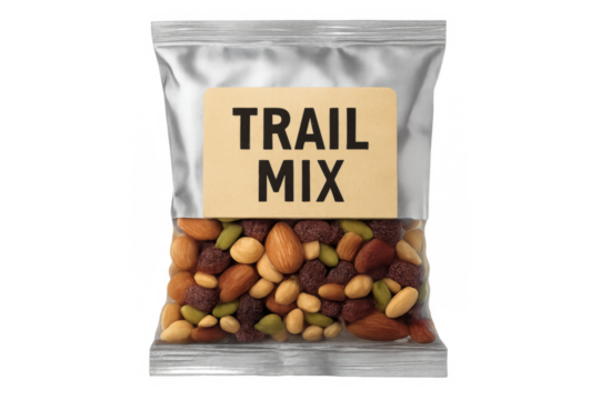 Trail mix snack bag with nut and fruit assortment