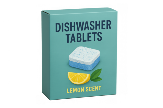 Dishwasher tablets box with lemon scent on transparent background