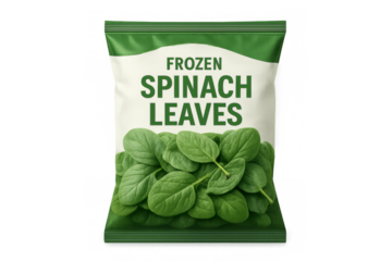 Frozen spinach leaves packaging on transparent background