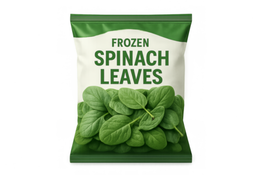 Frozen spinach leaves packaging on transparent background