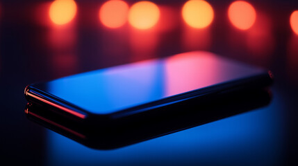 Modern smartphone on reflective surface with red and blue neon lights