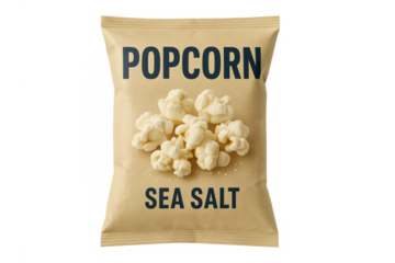 Popcorn sea salt snack food packaging bag on transparent background