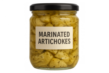 Marinated artichokes in glass jar with transparent background