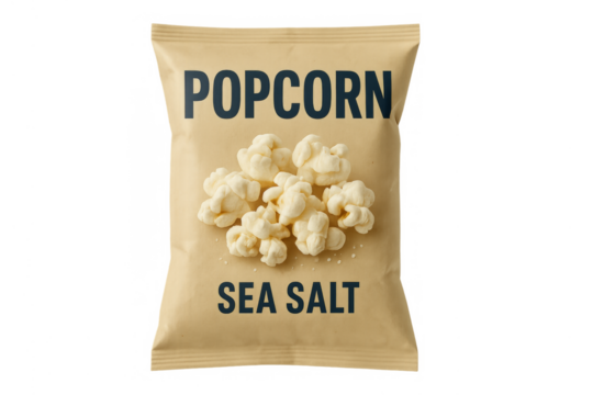 Popcorn sea salt snack food packaging bag on transparent background