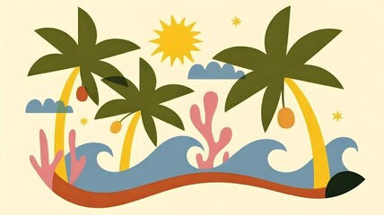 Vibrant tropical island scene with palm trees, sun, and waves