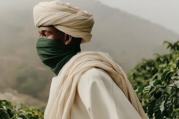 Young african male in traditional attire with turban in natural setting