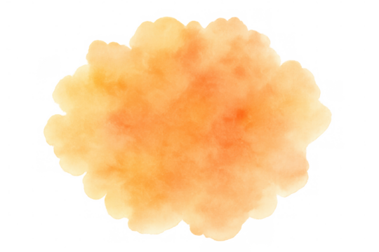 Abstract watercolor paint splash creating a warm yellow and orange ink blot shape, transparent background