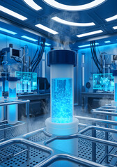 Naklejka premium Cryotube in Futuristic Laboratory with Cold Blue Lighting
