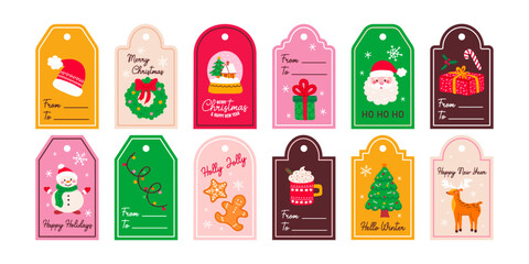 Merry Christmas gift tags holiday design labels, cards, sticker. Cute elements set for winter. Vector collection hand drawn illustration xmas tree, wreath, present, santa and deer