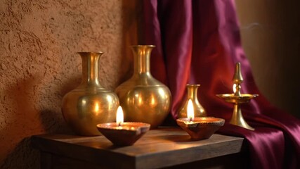 Traditional Brass Oil Lamps and Vases Illuminated by Flickering Flames. - Powered by Adobe