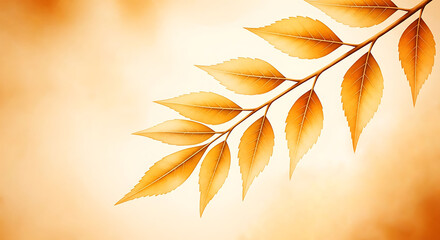 golden branch with delicate leaves floating against a background of a gradient from golden to cream