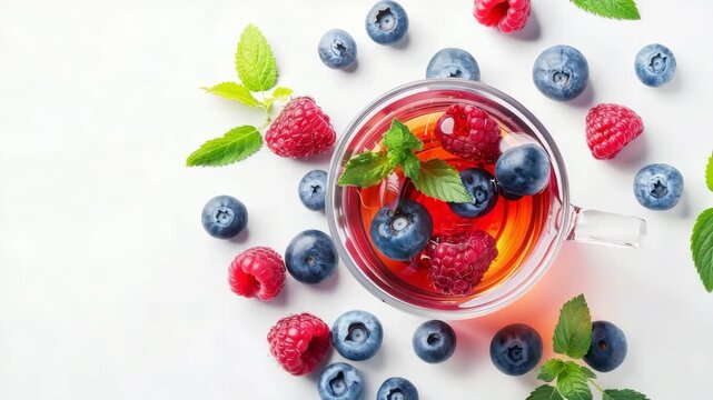 Fruit tea with fresh raspberries and blueberries on a white background