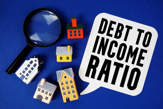 DTI Debt-to-Income Ratio text with house models and magnifying glass on blue background