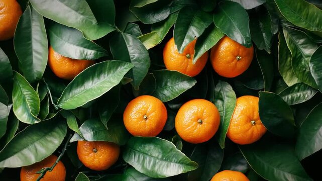 Fresh mandarins surrounded by vibrant green leaves on a sunny afternoon