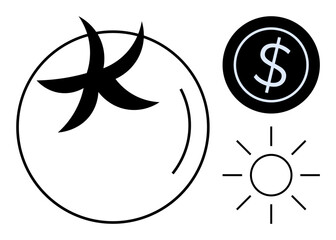 Abstract tomato with leaves, sun rays, and dollar coin evoke agriculture, finance, sustainability. Ideal for farming, investment, savings, renewable energy growth eco themes simple flat metaphor