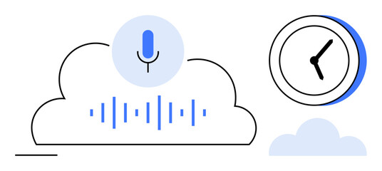 Microphone inside cloud emitting soundwave, paired with clock symbolizing time efficiency. Ideal for cloud computing, voice command, AI, productivity, digital tools, automation, simple flat metaphor