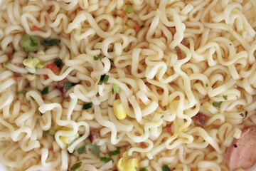 Noodles with spicy sauce and green onion chopped parts