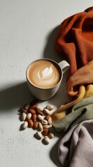 Cappuccino with latte art and almonds on textured surface with colorful fabric
