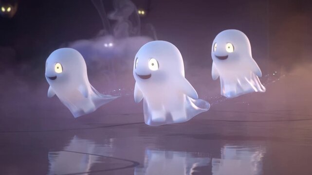 A group of adorable 3D cartoon-style ghosts gently floating