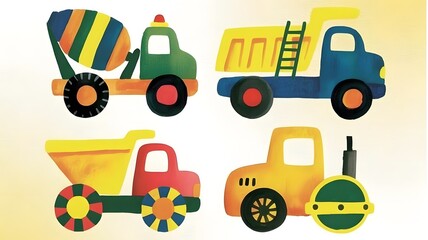 Naklejka premium Four colorful toy construction vehicles on a light background