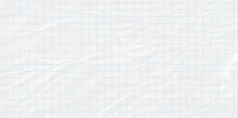 White crumpled sheet in a cell. Blank sheet from a notebook or notepad with math grid in cracks and creases. Realistic vector background of crumpled sheet in a cell. © Narin