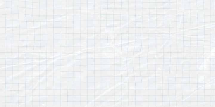 White crumpled sheet in a cell. Blank sheet from a notebook or notepad with math grid in cracks and creases. Realistic vector background of crumpled sheet in a cell.