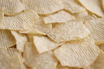 Homemade Flavored Paprika Potato Chips in a Bowl, top view. Flat lay