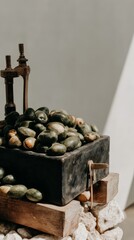 Vintage mechanical device with green pumpkins in rustic setting