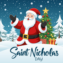 Nicholas Saint Day Christmas tree snow, vector art illustration.