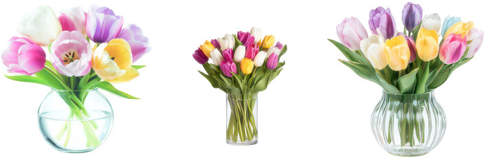 Bouquets of Tulip Beauty: Three stunning bouquets of vibrant tulips in full bloom. Each bouquet radiates elegance with a spectrum of colors, making a captivating display of nature's beauty.