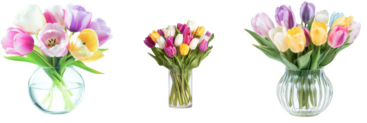 Bouquets of Tulip Beauty: Three stunning bouquets of vibrant tulips in full bloom. Each bouquet radiates elegance with a spectrum of colors, making a captivating display of nature's beauty.