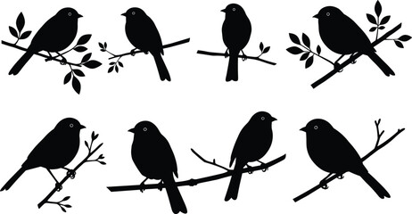Bird on branch icon set, perched bird silhouettes with leaf and twig variations, black illustration, nature, wildlife, vector design, grid