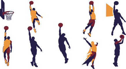 Basketball icon set, slam dunk silhouettes in orange and purple styles, athletic motion, sport action, hoop, player, vector illustration, dynamic grid