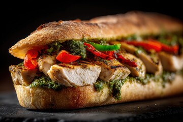 Grilled chicken sandwich with pesto and bell peppers served on a crusty baguette for a delicious lunch or dinner option