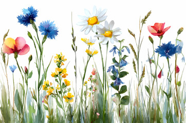 Field and meadow flowers watercolor. Frame with hand drawn flowers of cornflower, poppy, Hypericum and others. Summer wild flowers and herbs. Vector illustration.