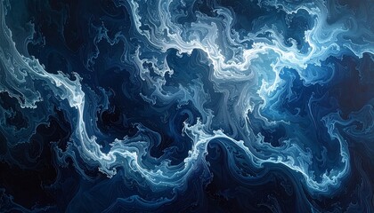 An abstract composition featuring swirling cloud-like formations with varying shades of blue, creating a dynamic and ethereal atmosphere