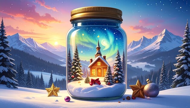 An enchanting scene inside a jar showcases a snowy landscape with a quaint building and aurora borealis. Snow-covered trees and mountains