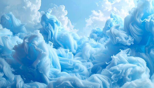 An abstract composition of layered, billowing light blue cloud-like forms against a gradient blue sky. Sunlight adds highlights